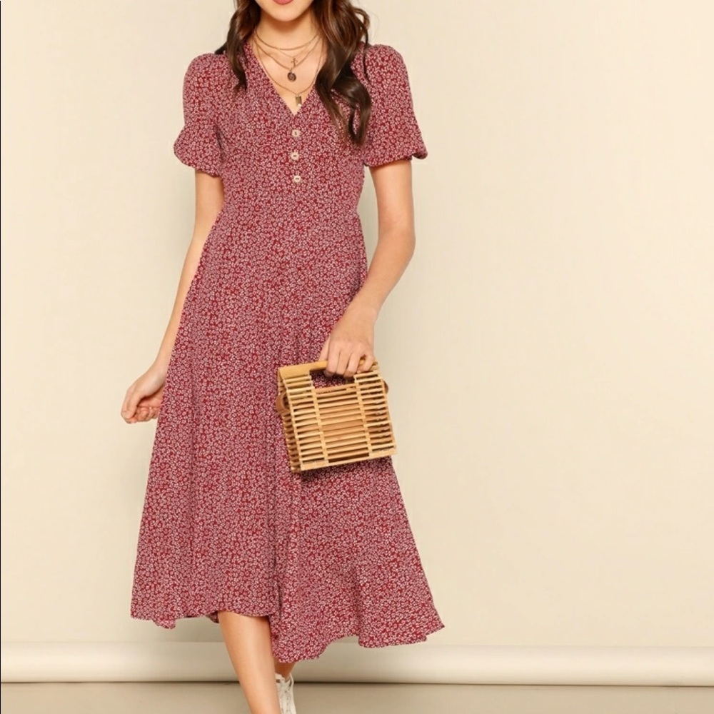 Ditsy Floral Button Front Midi Dress